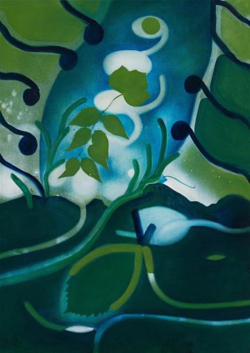 Et fr&oslash; og en fugl
45x60 cm, akryl, spraymaling og olie p&aring; l&aelig;rred, 2025.