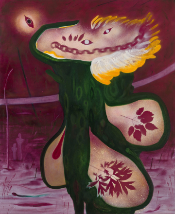Tr&aelig;et
90x110 cm, akryl, spraymaling og olie p&aring; l&aelig;rred, 2026