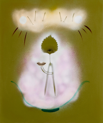 Øjet, munden, sømmene
60x45 cm, akryl, spray og olie på lærred, 2019