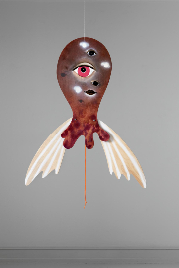 The eye
ca. 130 x 110 cm, spray and oil on wood, screws, string, 2009