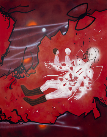 <h2>Thanks to the world</h2>
200x255cm, acrylics, spray and oil on canvas, 2025