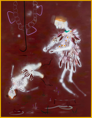 Værktøjet V
255x200 cm, akryl, spray og olie på lærred, 2019