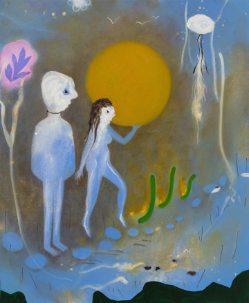 Solen
90x110 cm, akryl, spraymaling og olie p&aring; l&aelig;rred, 2026