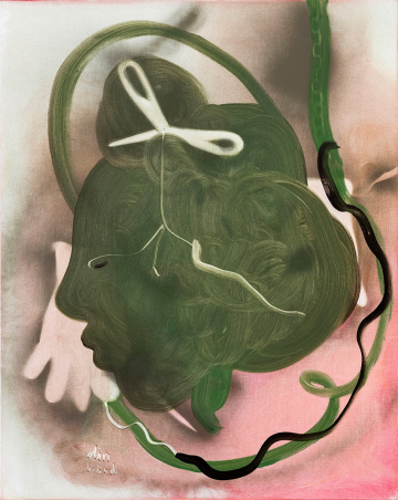 Din h&aring;nd
60x75 cm, akryl, spray og olie p&aring; l&aelig;rred, 2017